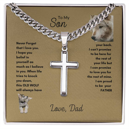 Proud Wolf Dad Cross Necklace | Proud Dad Gift for Son | Gift for Son | Artisan Cross Necklace on chain