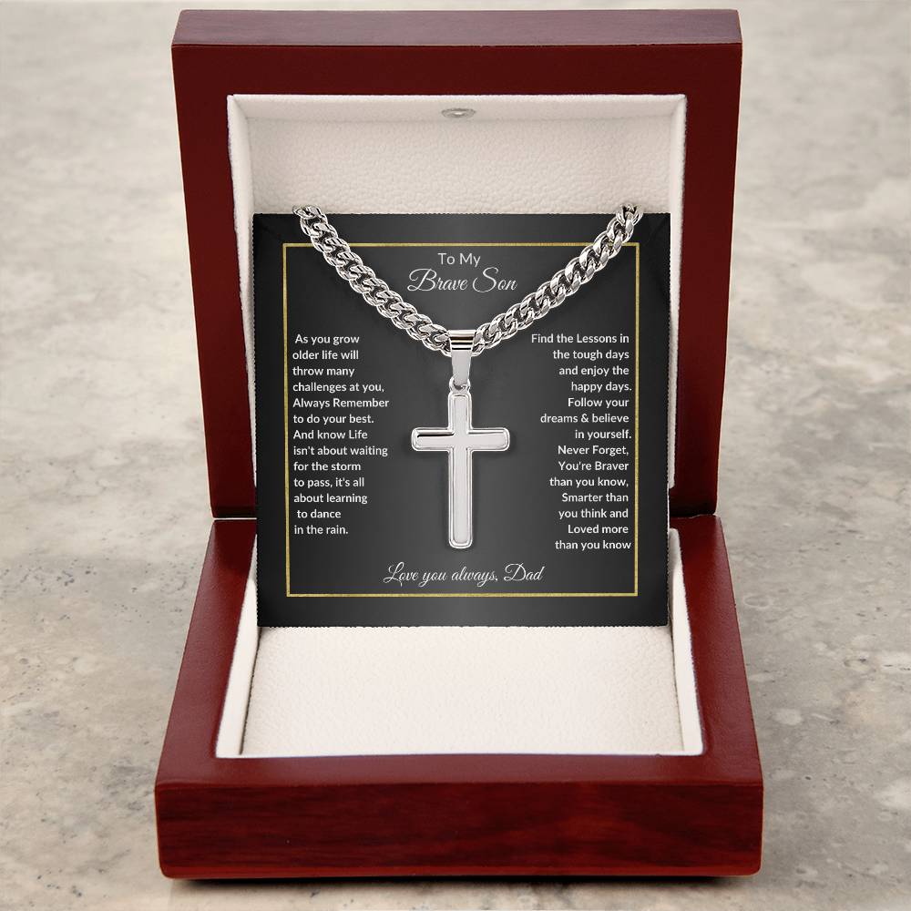 Brave Son Cross Necklace | Gift for Son Cross Necklace | Artisan Cross Necklace on Cuban link